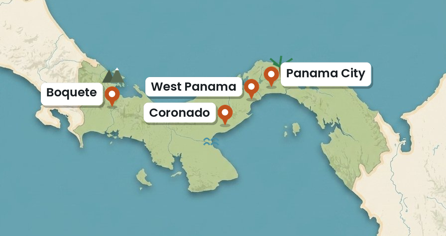 Map of Panama with Hop On Panama’s four tour regions — Panama City, West Panama, Coronado, and Boquete — pinned