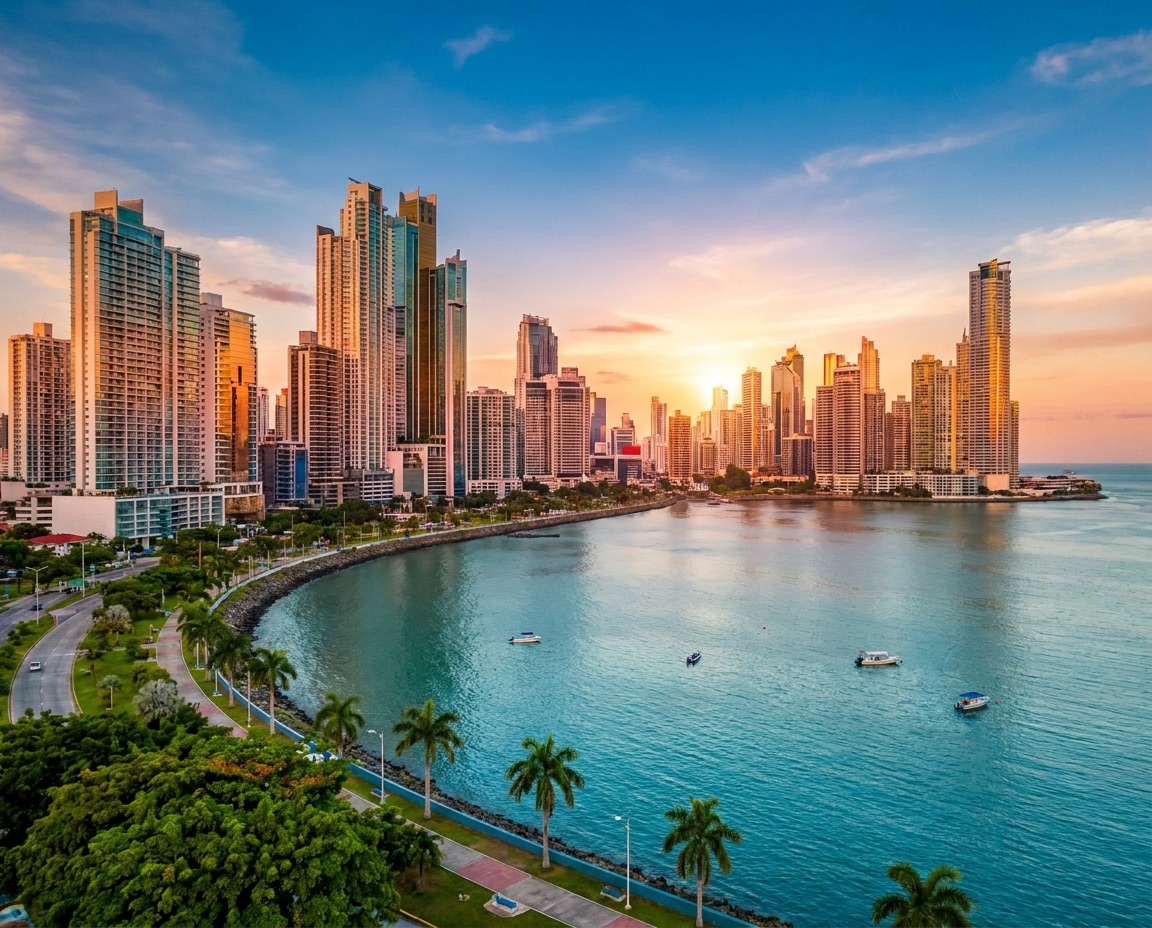 Panama City skyline at dusk from the bay